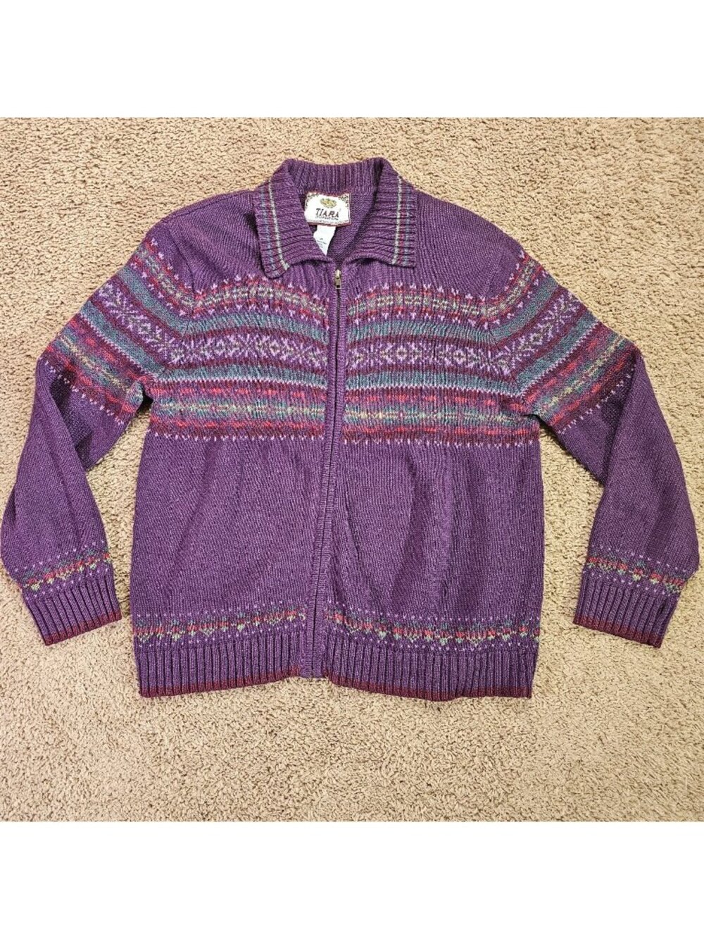 Tiara International Cardigan Women M Purple Zip Up Knit Sweater Grandmacore